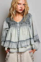 POL Washed Layered Lace Pintuck Flared Woven Blouse on Simply Obsessed