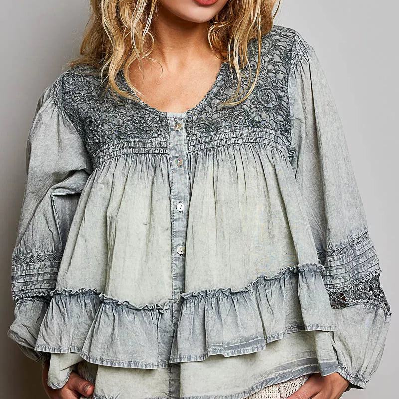 POL Washed Layered Lace Pintuck Flared Woven Blouse on Simply Obsessed