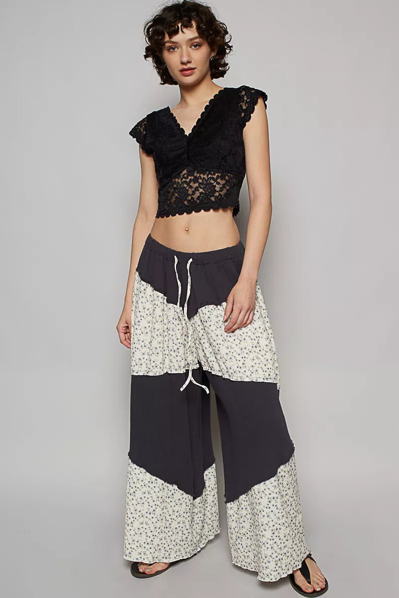 POL Contrast Floral Drawstring Wide Leg Pants on Simply Obsessed