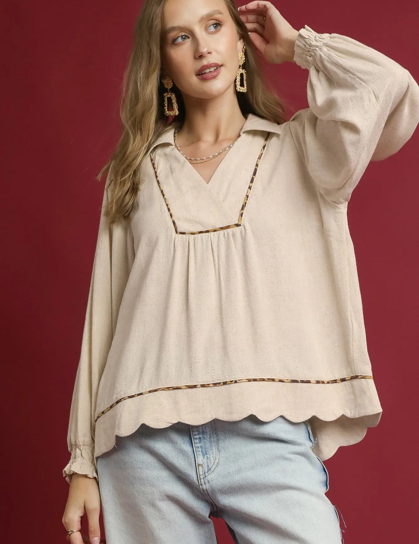 UMGEE Full Size Linen Scallop Hem Blouse with Contrast Trim Plus Size on Simply Obsessed