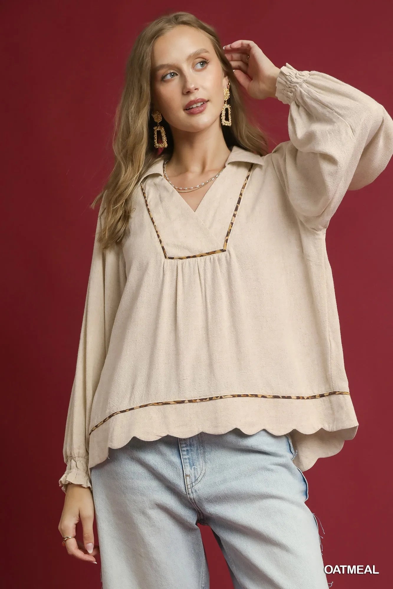 UMGEE Full Size Linen Scallop Hem Blouse with Contrast Trim Plus Size on Simply Obsessed
