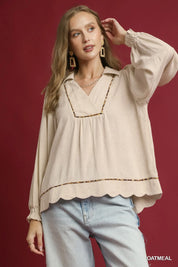 UMGEE Full Size Linen Scallop Hem Blouse with Contrast Trim Plus Size on Simply Obsessed