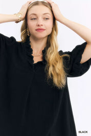 Umgee Linen Scallop Trim V-Neck Blouse on Simply Obsessed