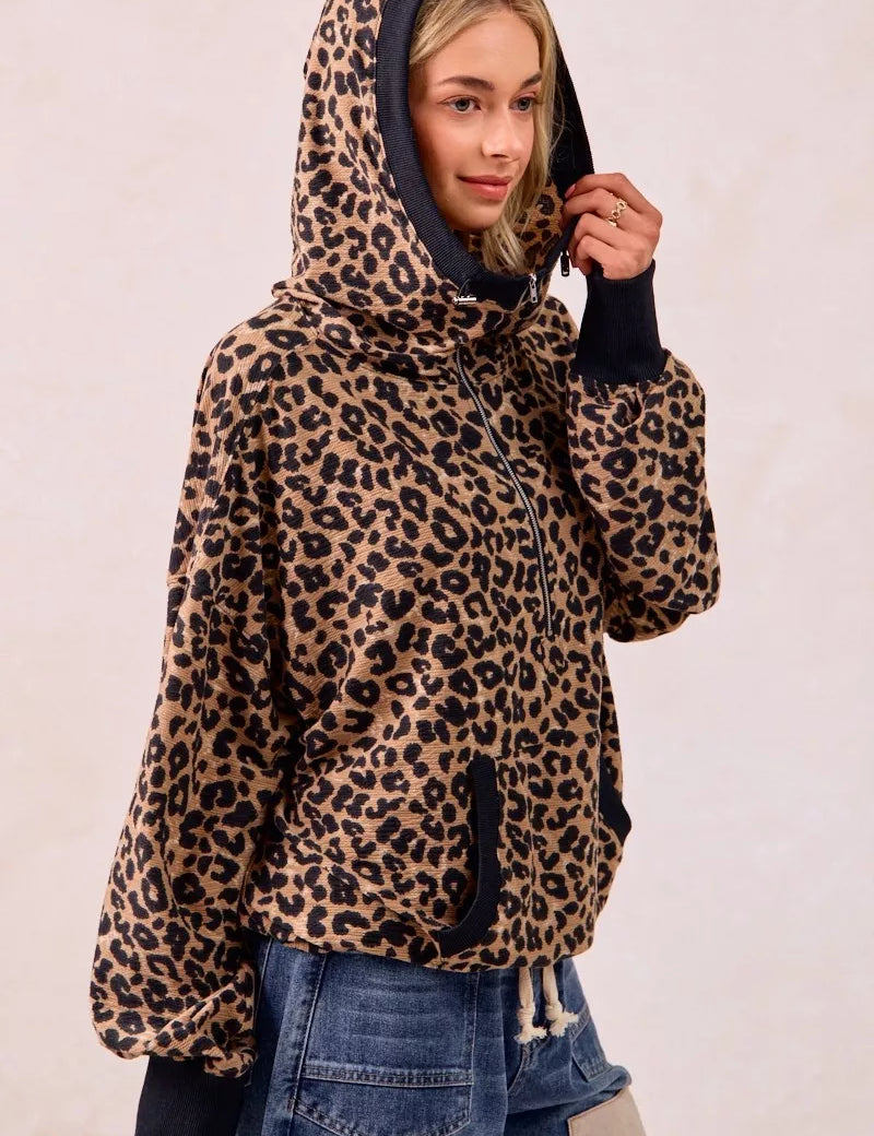 BiBi Leopard Print Waffle Half Zip Up Hoodie W Pocket on Simply Obsessed