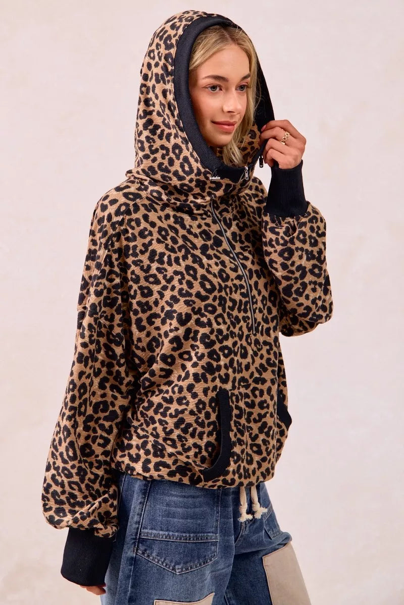 BiBi Leopard Print Waffle Half Zip Up Hoodie W Pocket on Simply Obsessed