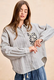 BiBi Flower Jacquard Knit Patch Pocket Stripe Shirt on Simply Obsessed