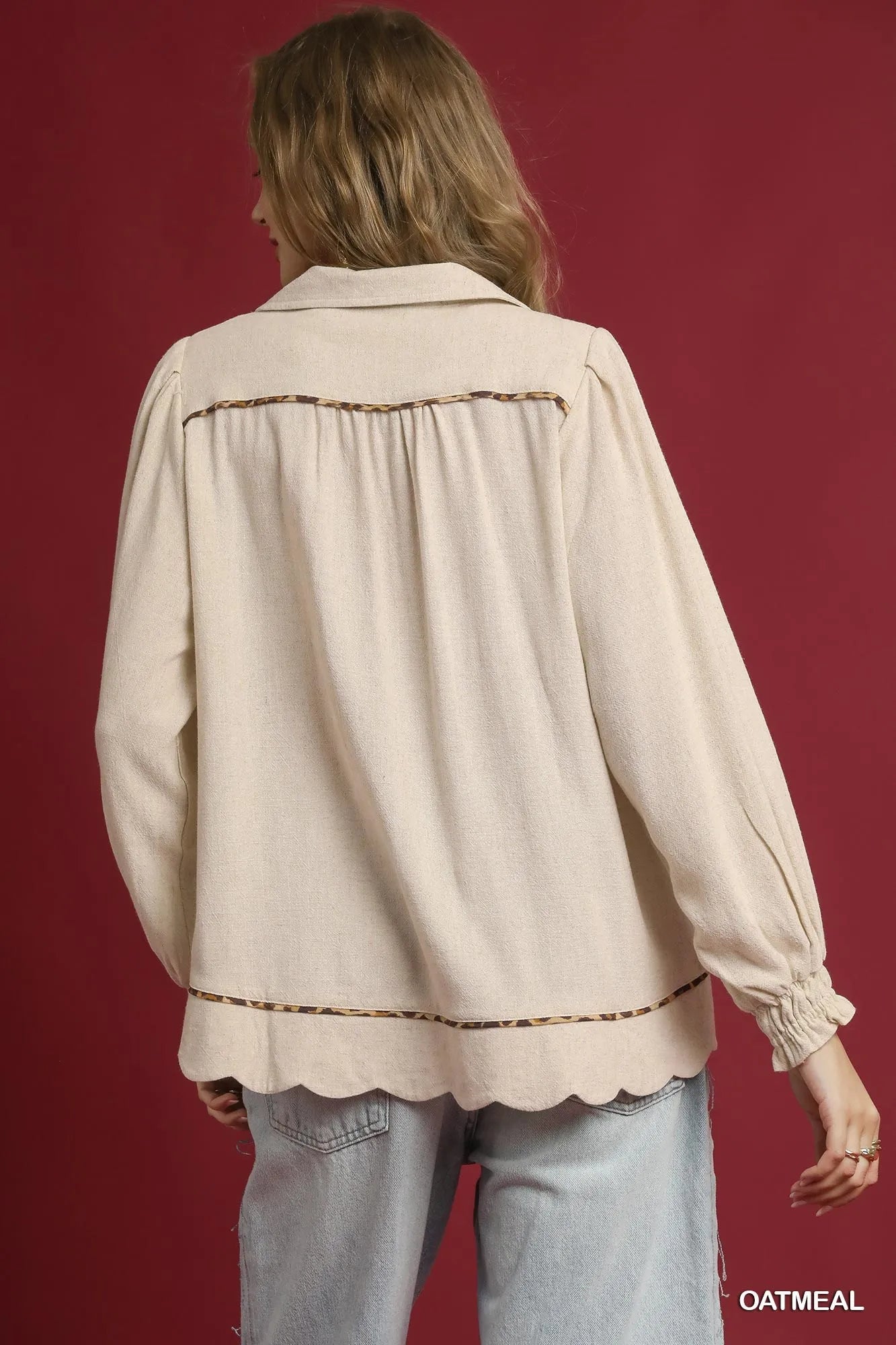 UMGEE Full Size Linen Scallop Hem Blouse with Contrast Trim Plus Size on Simply Obsessed