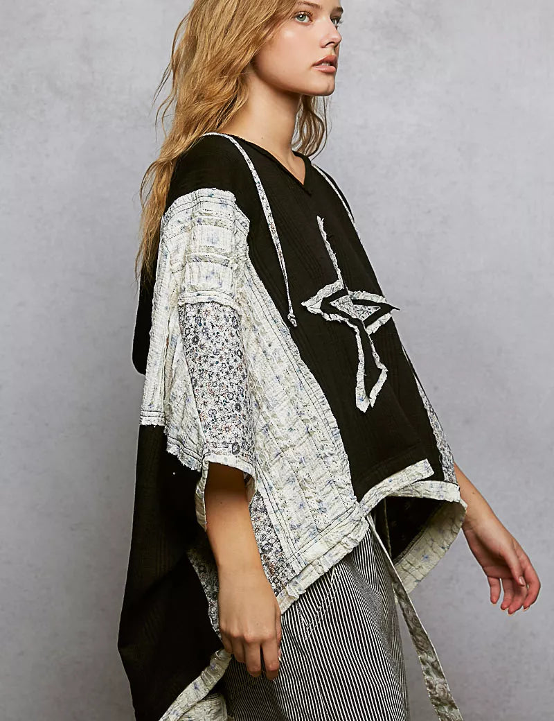 POL Floral Star Patch Hooded Blouse with Lace Contrast Detail on Simply Obsessed