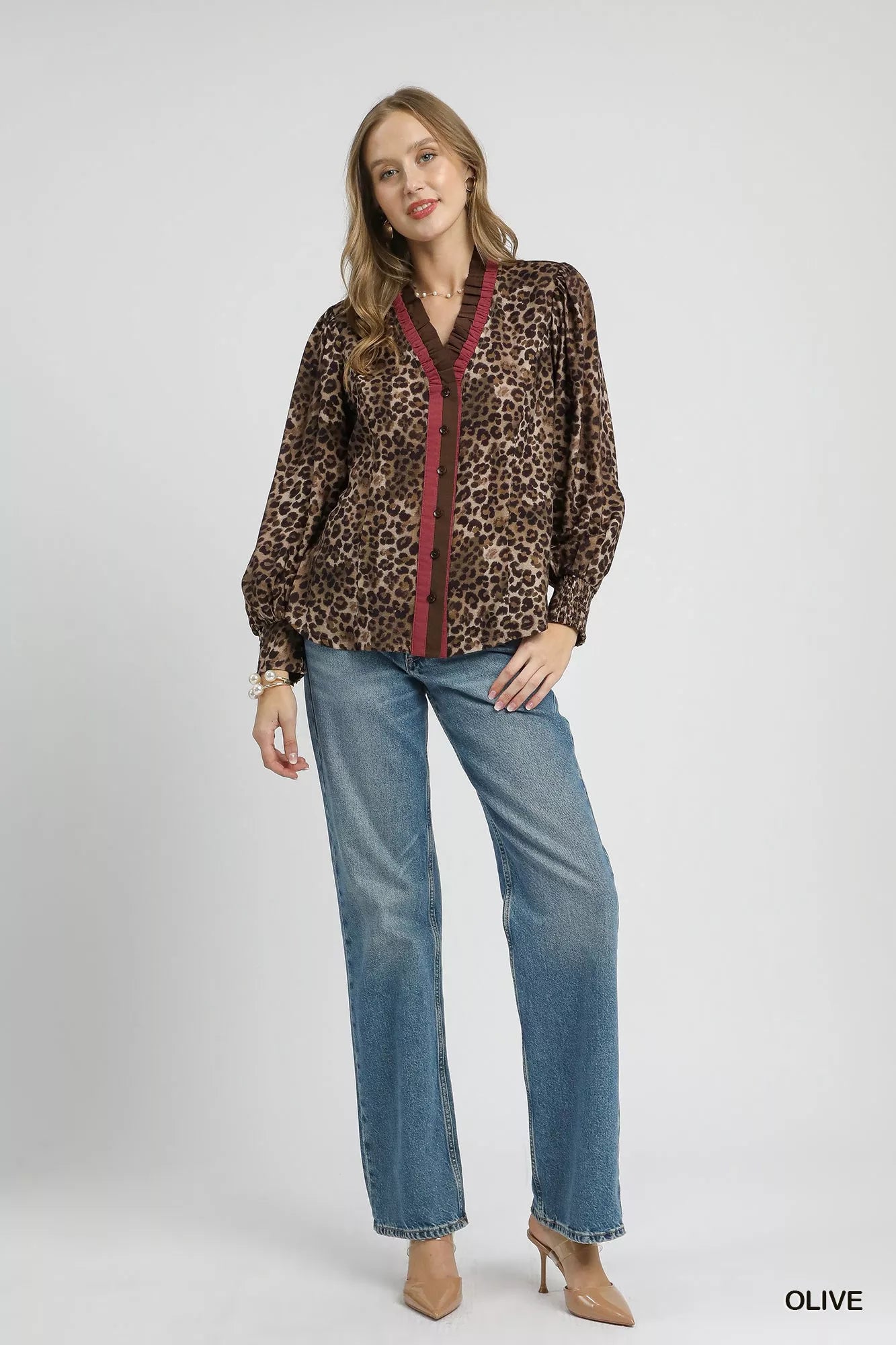UMGEE Ruffle Trim Leopard Print Shirt on Simply Obsessed