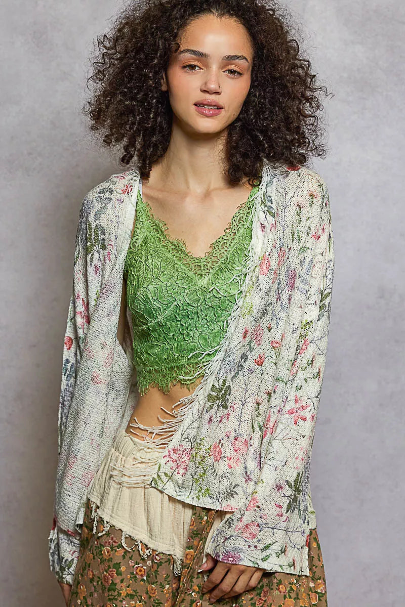 POL Open Front Floral Cardigan with Center Open Fringe on Simply Obsessed