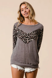 BiBi Sweater Knit Top With Leopard V Shape Block on Simply Obsessed