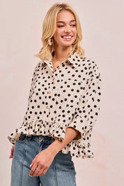 BIBI Polka Dot Printed Peplum Top with Front Button on Simply Obsessed