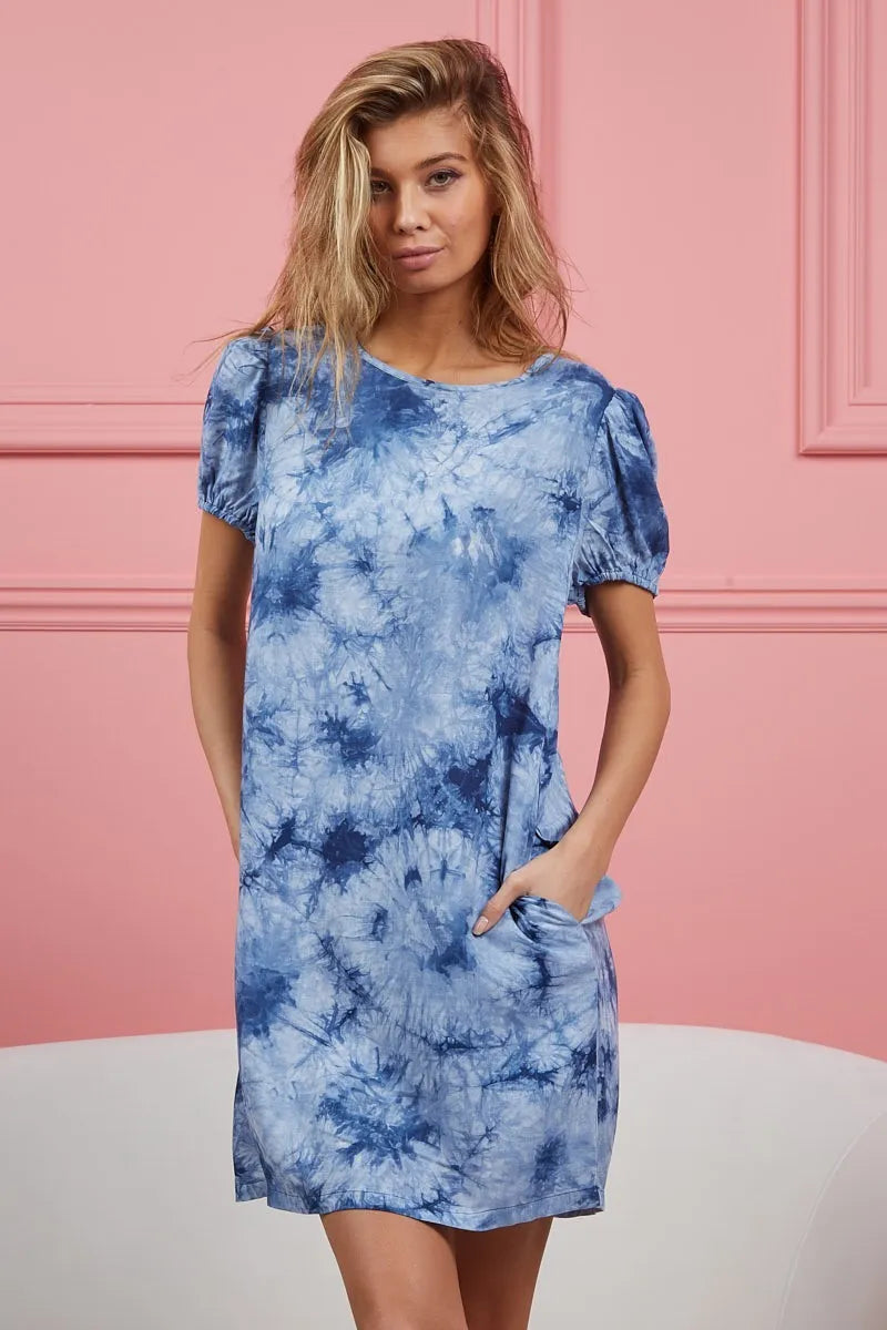 BiBi Puff Sleeve With Side Pockets Tie Dye Dress on Simply Obsessed