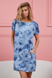 BiBi Puff Sleeve With Side Pockets Tie Dye Dress on Simply Obsessed