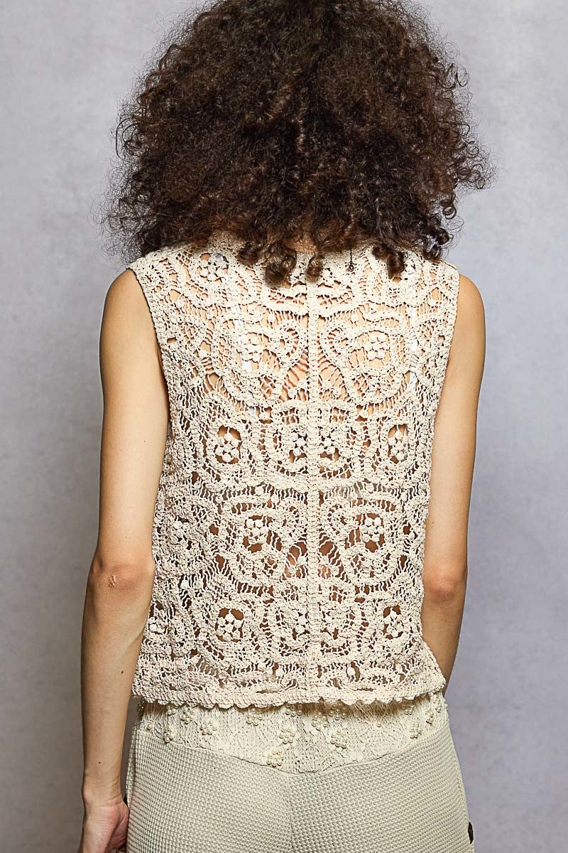 POL Button Down Cropped Crochet Vest with Scalloped Edge on Simply Obsessed
