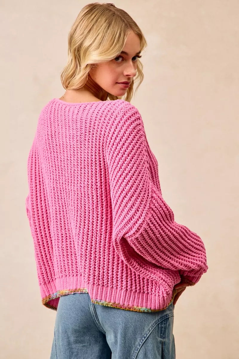 BiBi V-Neck Sweater with Colorful Trim on Simply Obsessed
