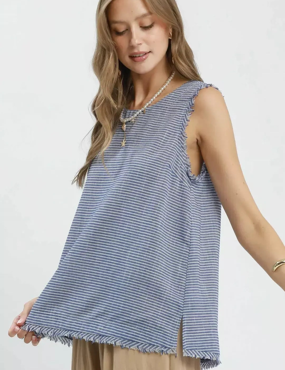 UMGEE Stripe Fringe Trim Sleeveless Top on Simply Obsessed