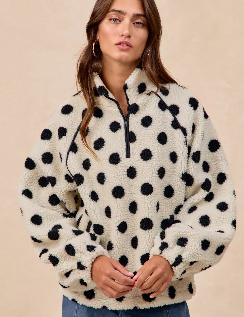 BIBI Polka Dot Sherpa Half Zip Up Top with Side Pocket on Simply Obsessed
