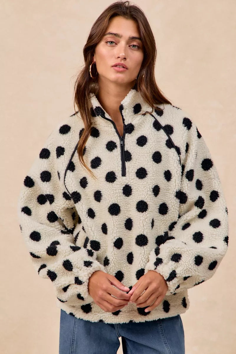BIBI Polka Dot Sherpa Half Zip Up Top with Side Pocket on Simply Obsessed