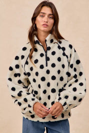 BIBI Polka Dot Sherpa Half Zip Up Top with Side Pocket on Simply Obsessed