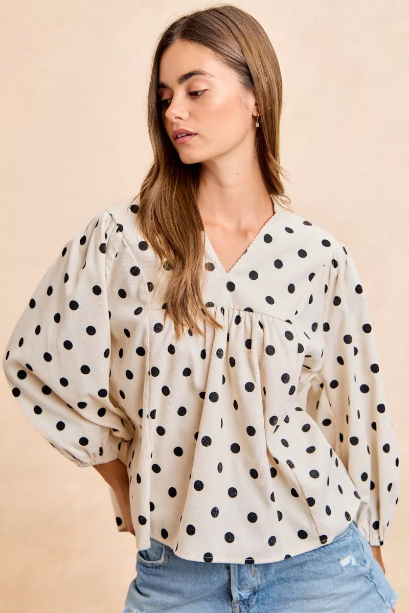 BIBI Polka Dot Corduroy Quarter Sleeves V Neck Blouse on Simply Obsessed
