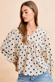 BIBI Polka Dot Corduroy Quarter Sleeves V Neck Blouse on Simply Obsessed
