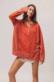 BiBi French Terry Knit Side Block Buttoned Henley Top on Simply Obsessed