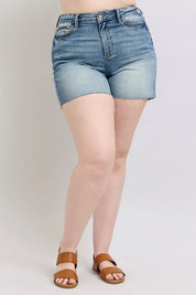 JUDY BLUE Full Size High Waist Star Seam Detail Denim Shorts Plus Size on Simply Obsessed