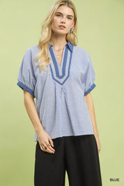 UMGEE Contrast Trim Popover Stripe Top on Simply Obsessed
