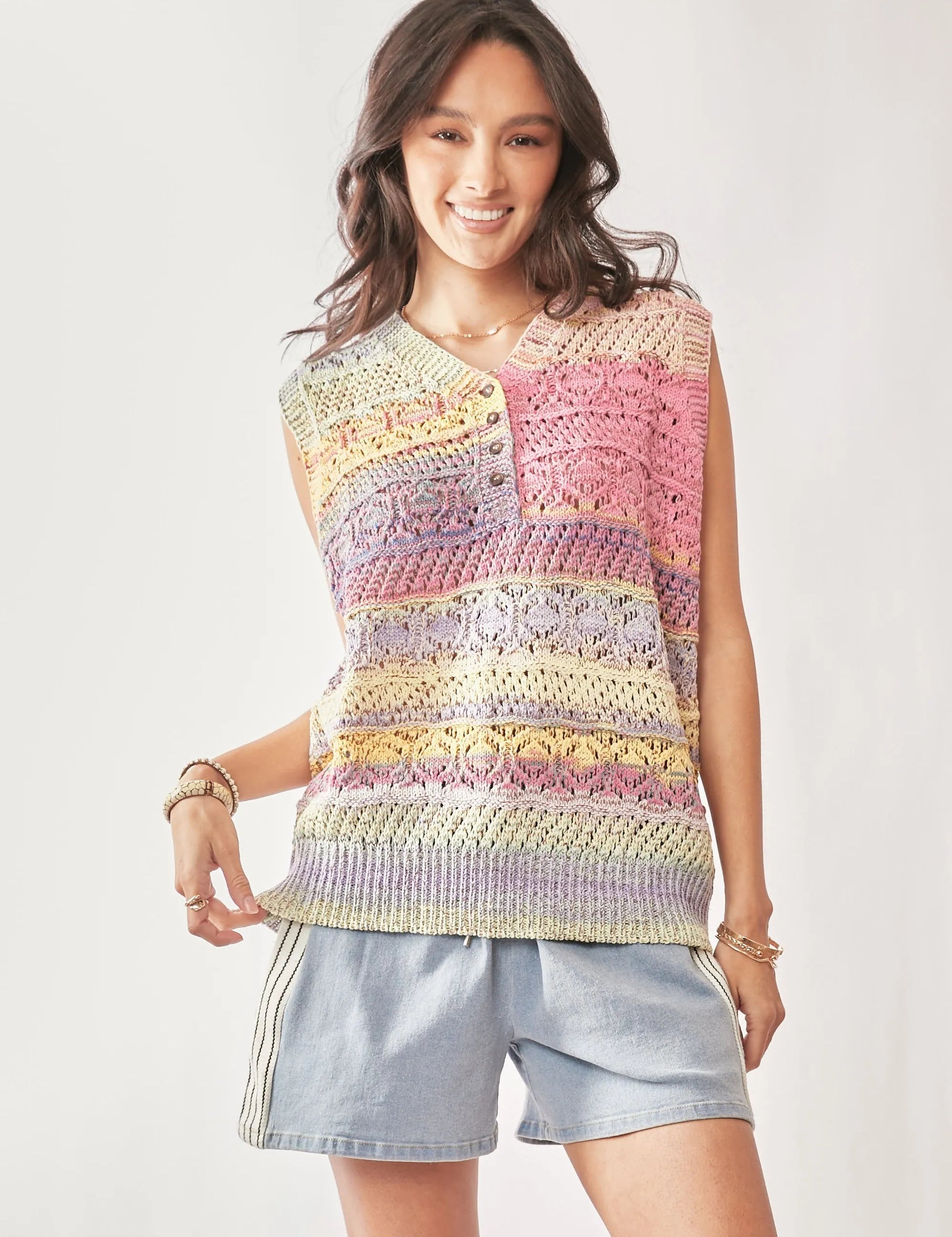 DAVI & DANI Multi Color Crochet Sleeveless Knit Vest Top on Simply Obsessed