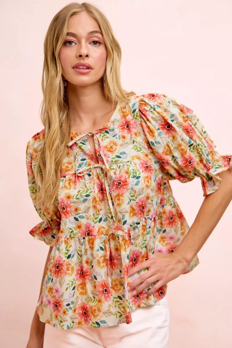 BIBI Flower Printed Shirring Detail Blouse Top on Simply Obsessed