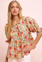 BIBI Flower Printed Shirring Detail Blouse Top on Simply Obsessed