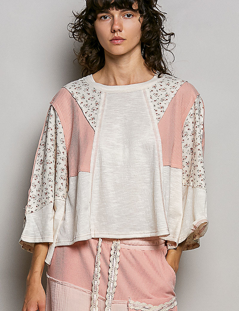 POL Exposed Seam Floral Patchwork Round Neck Textured Slub Knit Top on Simply Obsessed