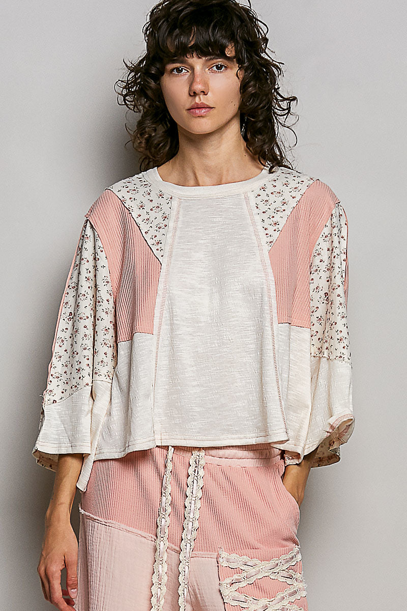 POL Exposed Seam Floral Patchwork Round Neck Textured Slub Knit Top on Simply Obsessed