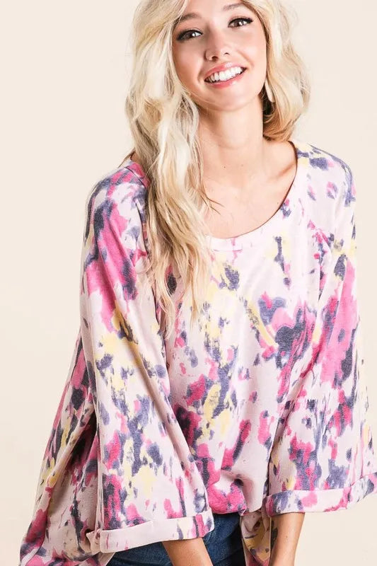 BIBI Tie Dye Print Terry A Line Top with Bell Sleeves on Simply Obsessed