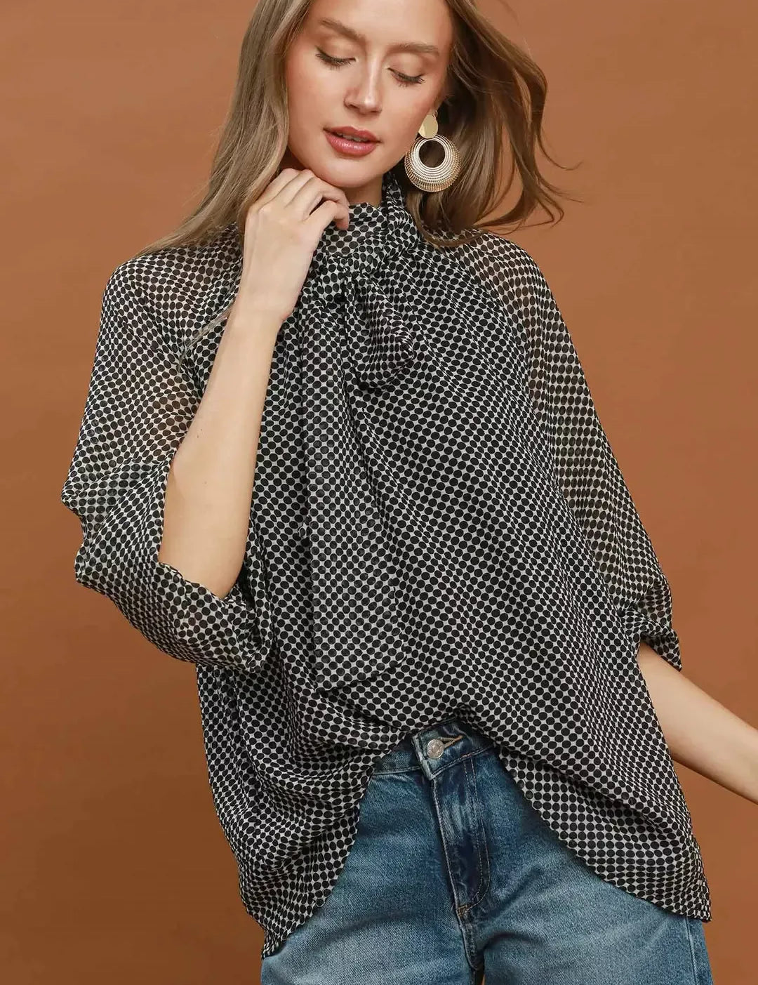 UMGEE Dot Print Tie Neck Long Sleeve Blouse on Simply Obsessed
