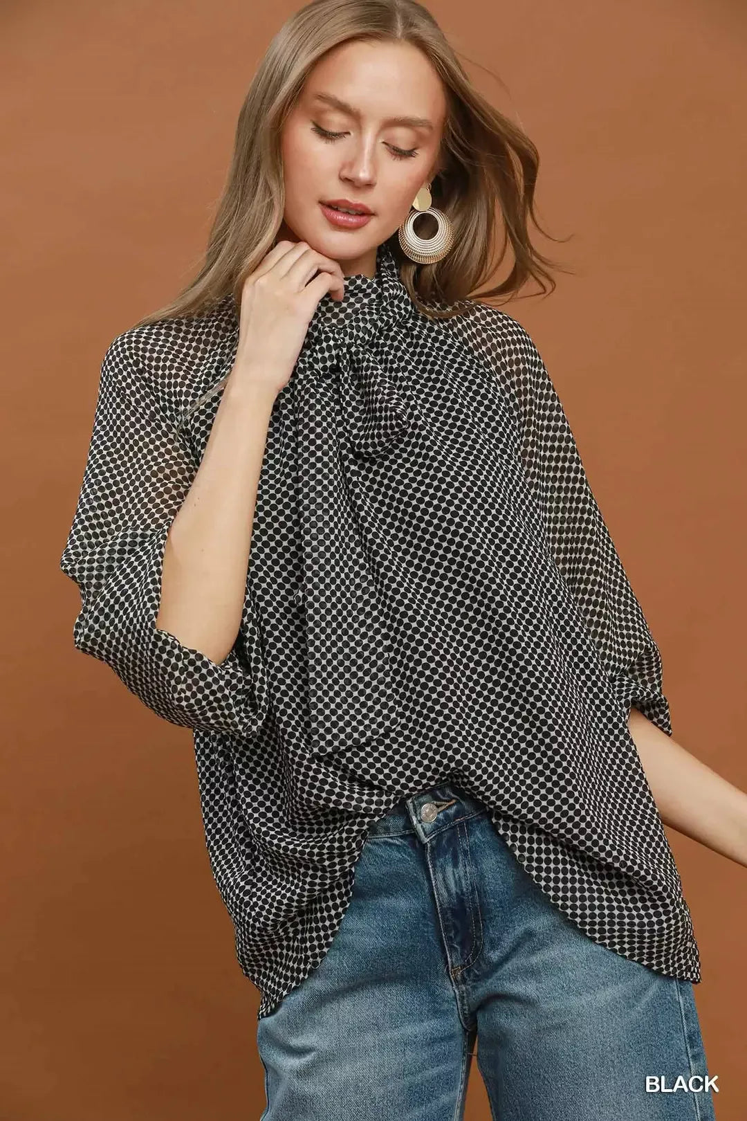 UMGEE Dot Print Tie Neck Long Sleeve Blouse on Simply Obsessed