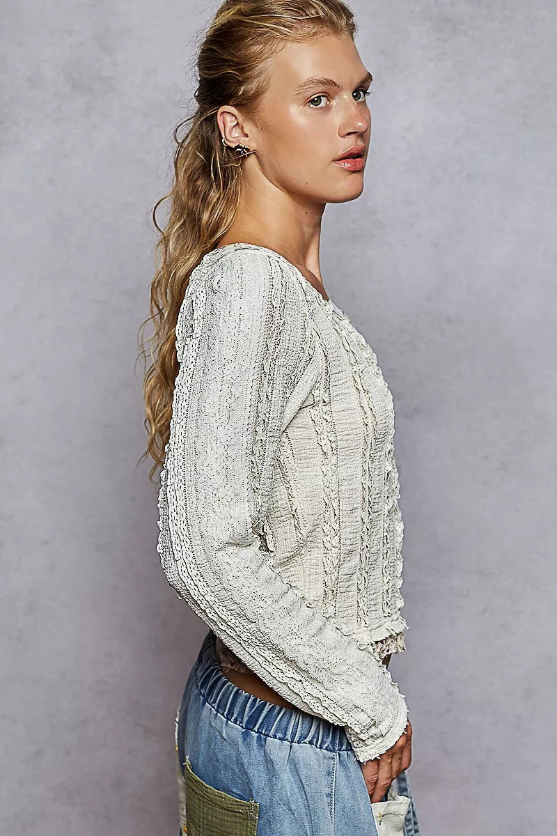 POL Texture Long Sleeve Blouse with Floral Ruffled on Simply Obsessed