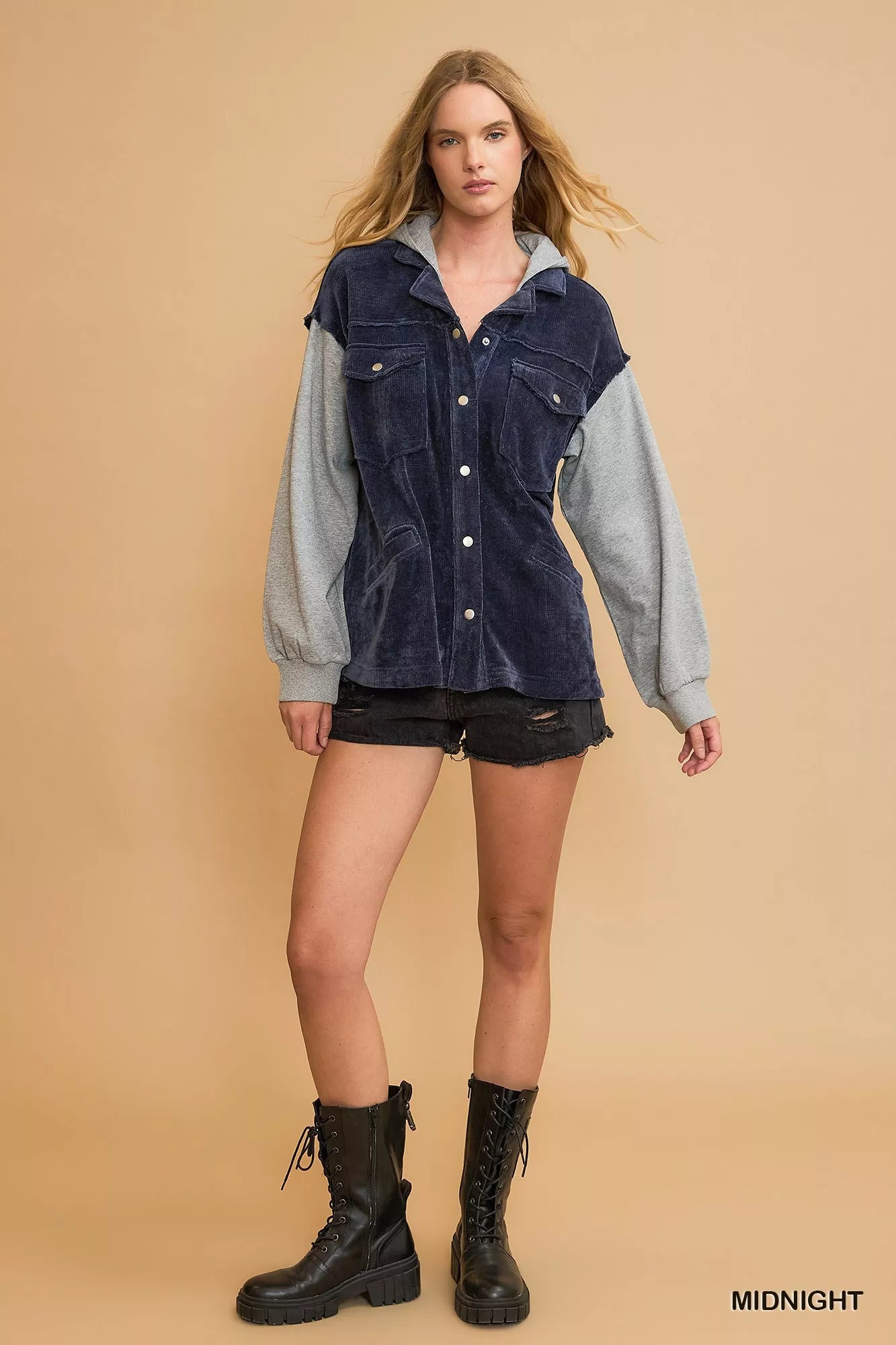 Umgee Contrast Hooded Chenille Jacket on Simply Obsessed