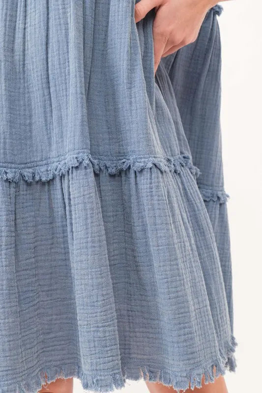 AND THE WHY Washed Frayed Detail Tiered Dress on Simply Obsessed