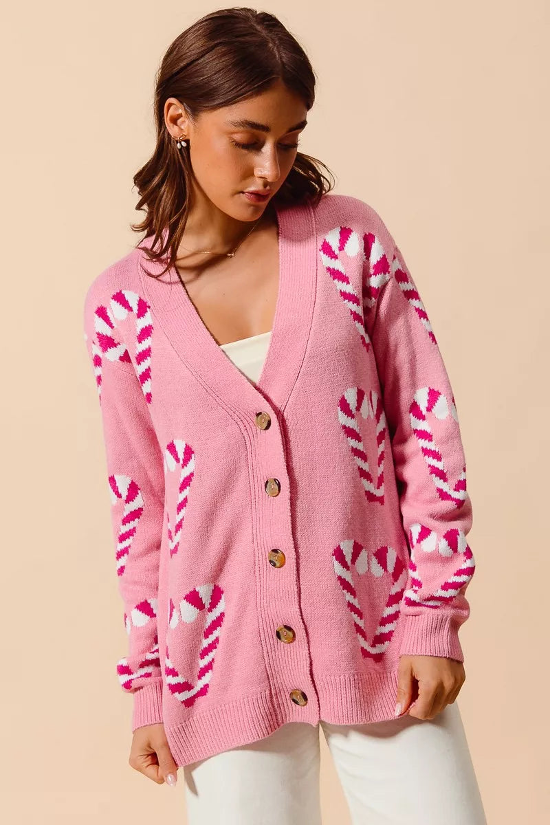 SO ME Christmas Candy Cane Button Front Sweater Cardigan on Simply Obsessed