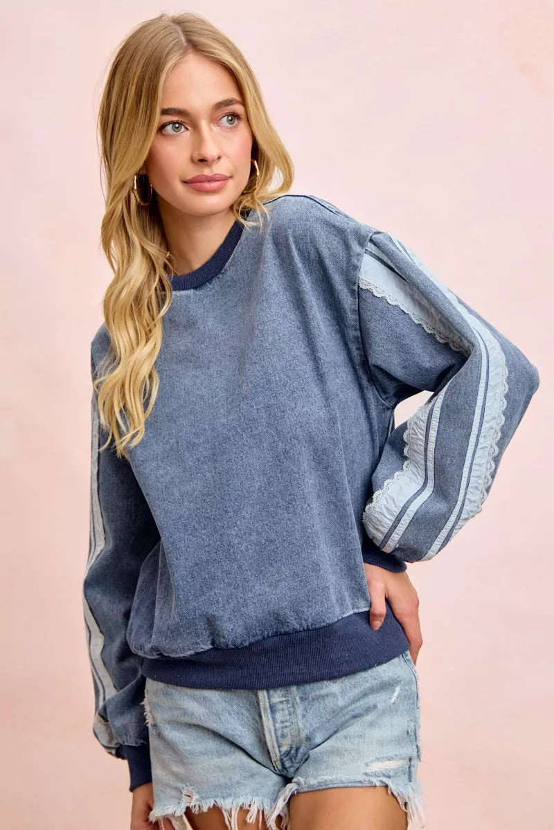 BIBI Washed Denim Lace Contrast Sided Sweatshirt **FALL DEBUT SALE** on Simply Obsessed