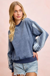 BIBI Washed Denim Lace Contrast Sided Sweatshirt **FALL DEBUT SALE** on Simply Obsessed