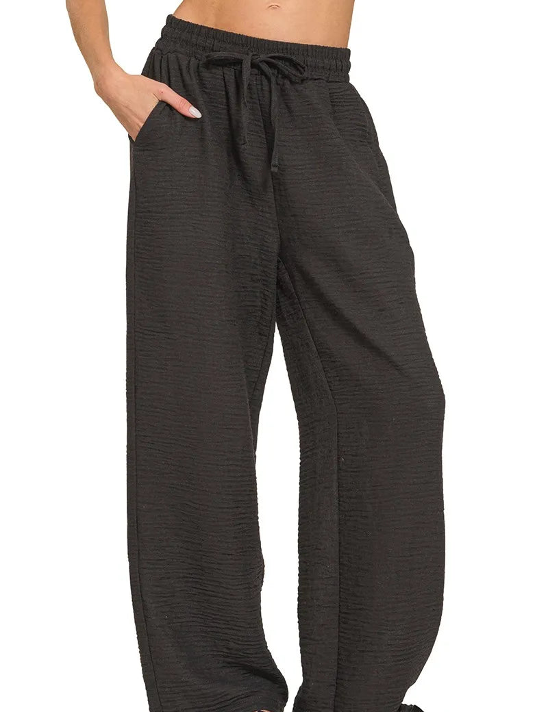 ZENANA Woven Crepe Elastic Band Pants on Simply Obsessed