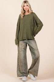 MITTOSHOP Mineral Wash Cutout Pocket Long Sleeve Waffle Top on Simply Obsessed