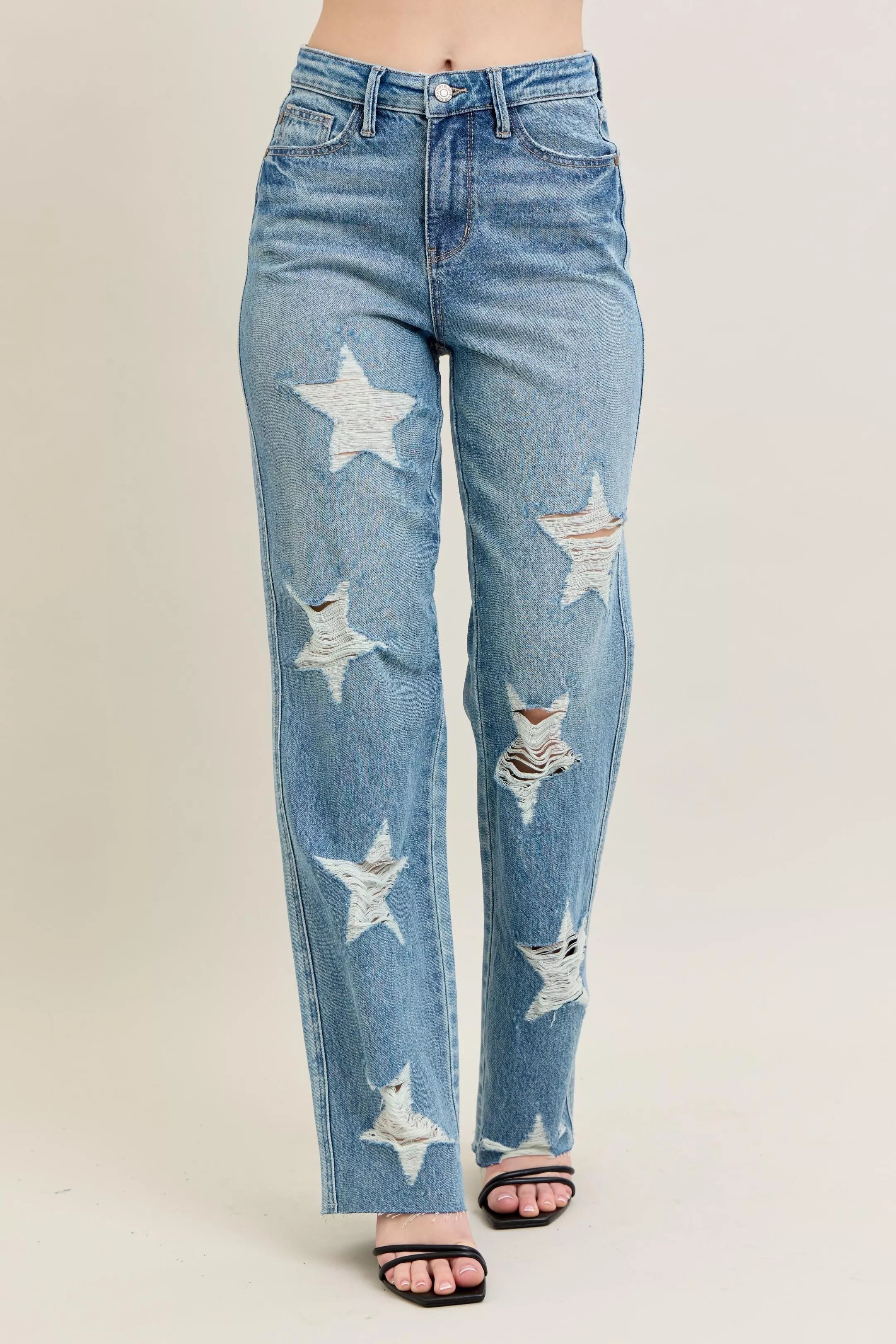 JUDY BLUE Full Size High Waist Rigid Magic Star Shaped Destroy 90's Straight Jeans Plus Size on Simply Obsessed