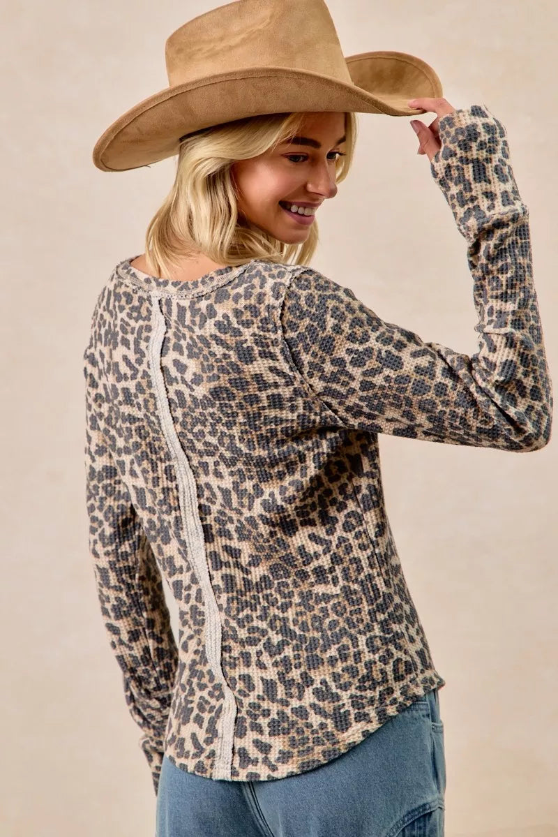 BIBI Leopard Print Washed Waffle Thermal Top with Thumb on Simply Obsessed