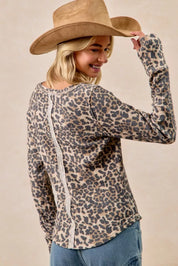 BIBI Leopard Print Washed Waffle Thermal Top with Thumb on Simply Obsessed