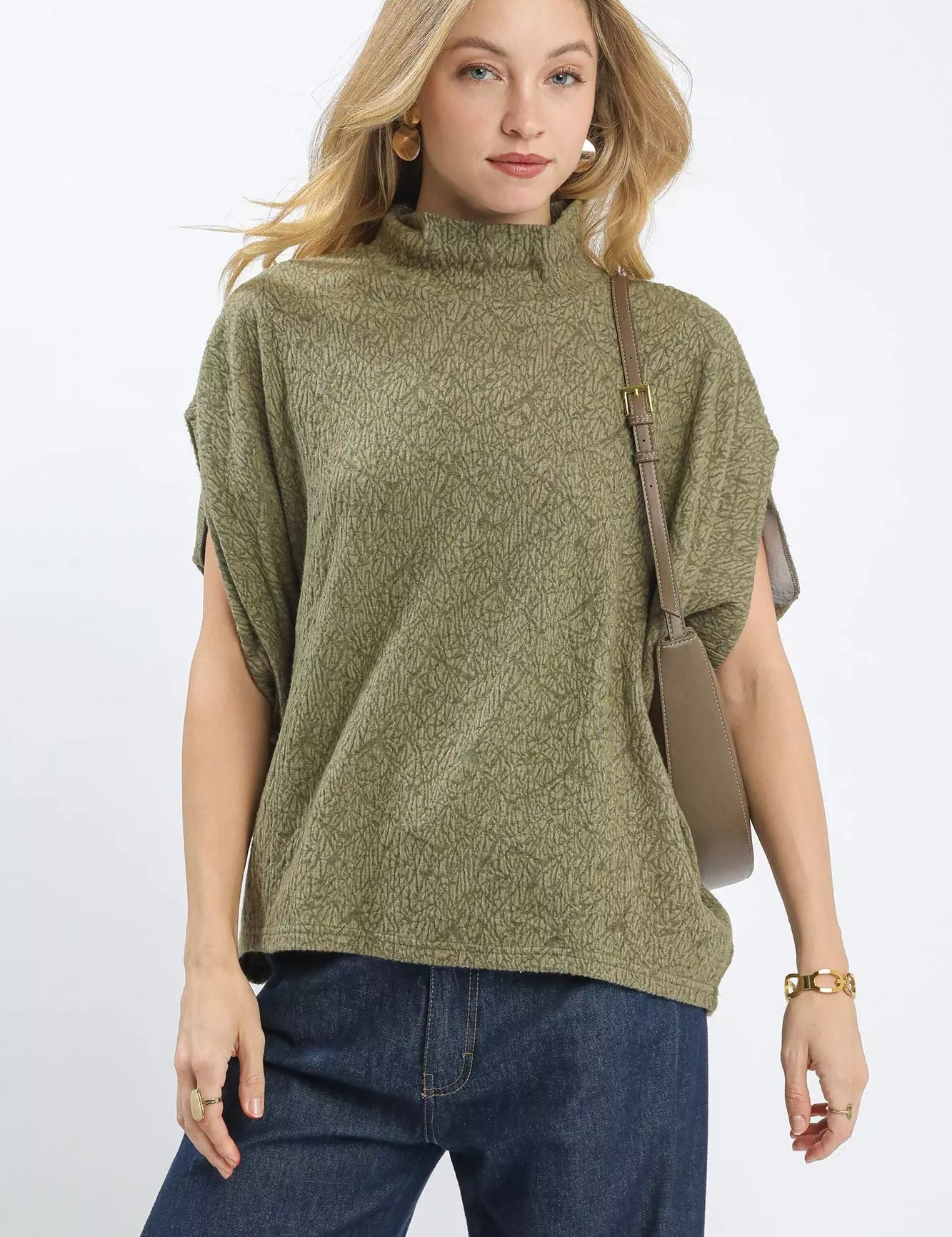 UMGEE Textured Mock Neck Relaxed Top on Simply Obsessed