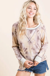 BiBi Tie Dye Terry Pull Over With Contrast Stitching on Simply Obsessed
